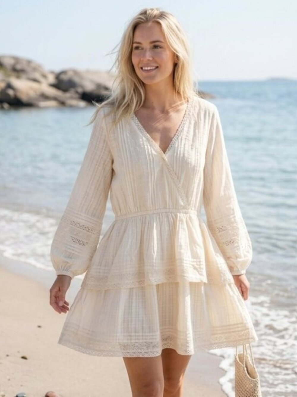 American Eagle Dress Womens Ivory V-neck Long Sleeve Boho Cottage Fairy NWT